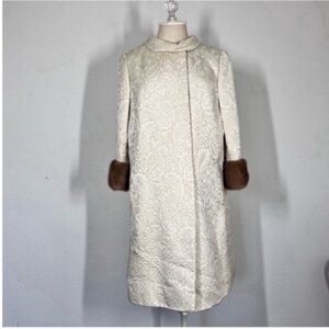 Vintage Coat and Dress Suit Elegant Cream Brocade Coat with Brown Cuffs